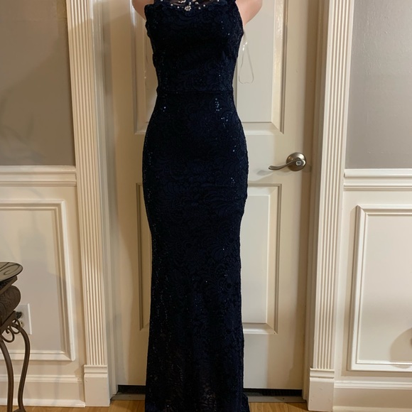 Women junior blue navy lace sequins halter bodycon mermaid maxi dress size (S) - Picture 2 of 13